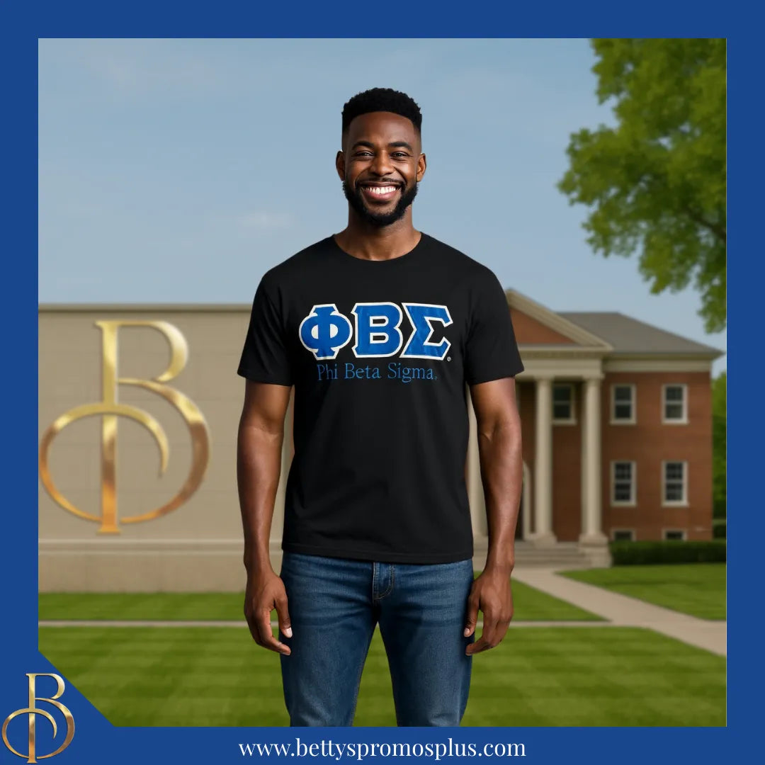 Phi Beta Sigma ΦΒΣ Script Double Stitched Appliqué Embroidered Line T-Shirt-Phi Beta Sigma Paraphernalia-Phi Beta Sigma T-Shirts-Betty's Promos Plus