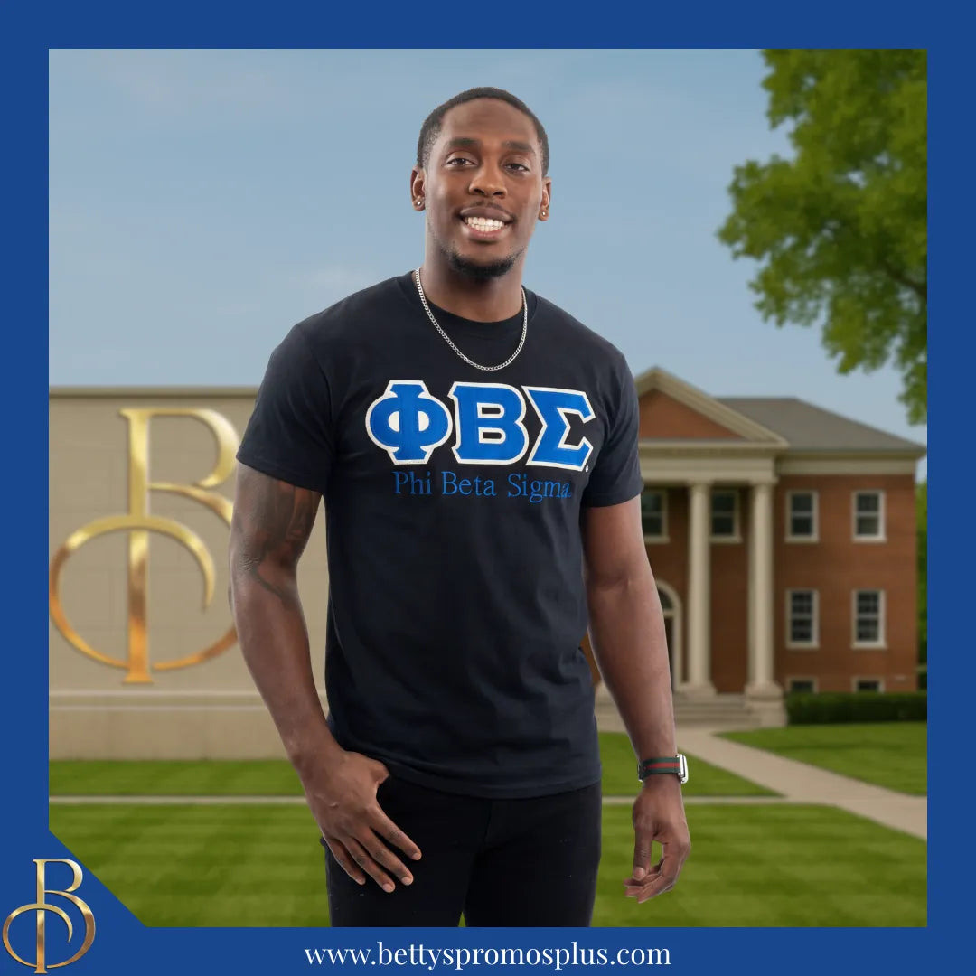 Phi Beta Sigma ΦΒΣ Script Double Stitched Appliqué Embroidered Line T-Shirt-Phi Beta Sigma Paraphernalia-Phi Beta Sigma T-Shirts-Betty's Promos Plus