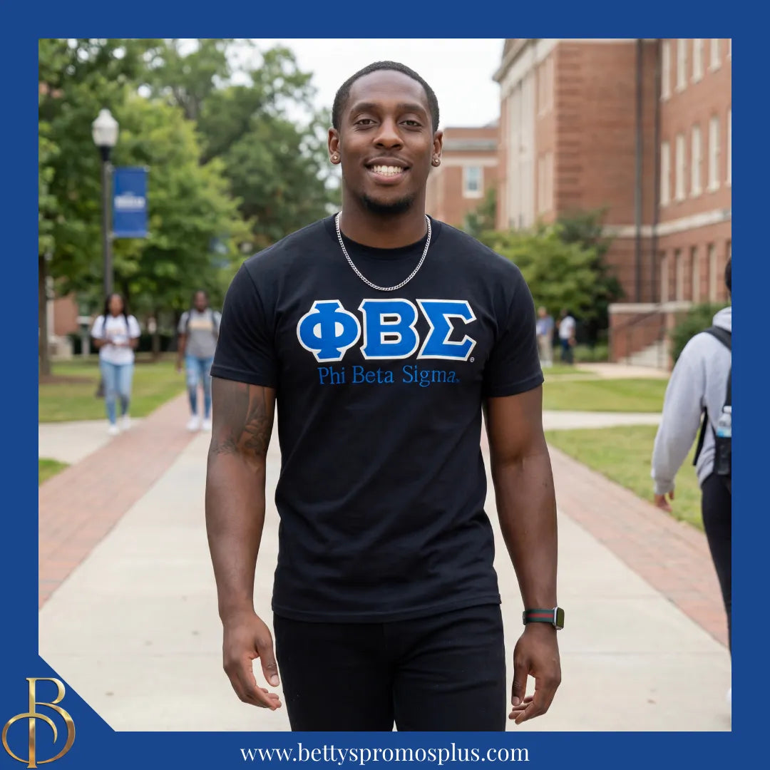 Phi Beta Sigma ΦΒΣ Script Double Stitched Appliqué Embroidered Line T-Shirt-Phi Beta Sigma Paraphernalia-Phi Beta Sigma T-Shirts-Betty's Promos Plus