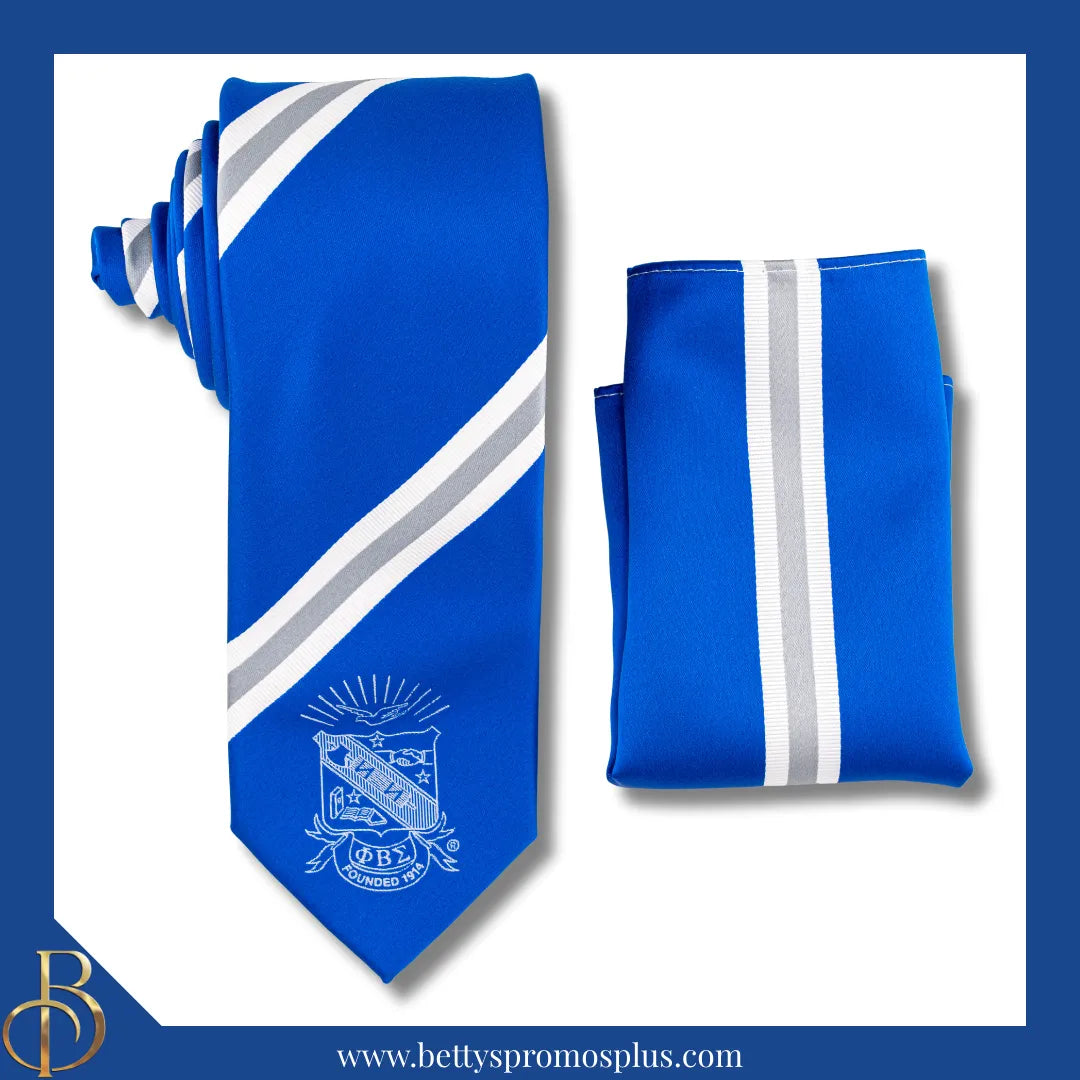 Phi Beta Sigma ΦΒΣ Tie and Pocket Square Combo-Blue-Small White Stripes & Small Silver Stripe-Phi Beta Sigma Paraphernalia-Phi Beta Sigma Tie Set-Betty's Promos Plus