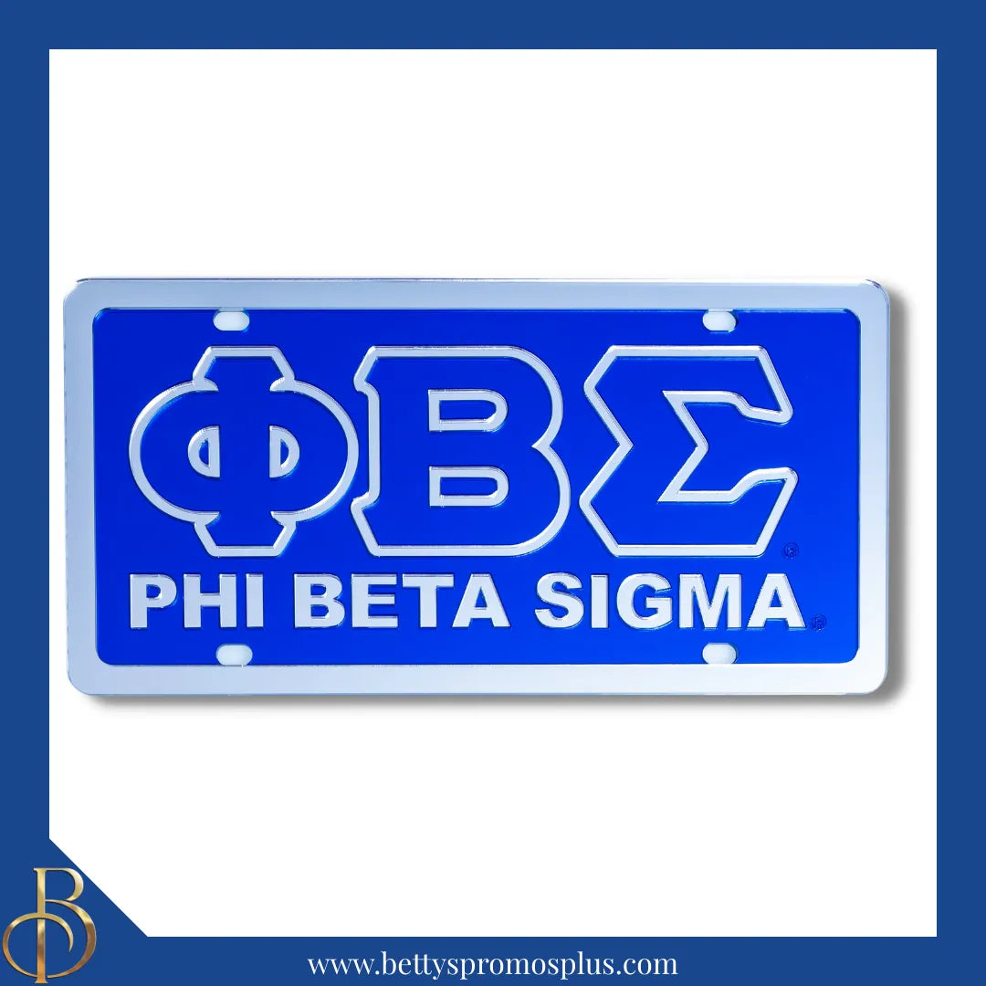 Phi Beta Sigma ΦΒΣ with Phi Beta Sigma Laser Engraved Mirrored Acrylic Auto Tag License Plate-Blue Background-Silver Trim-Phi Beta Sigma Paraphernalia-Phi Beta Sigma Auto Tag-Betty's Promos Plus
