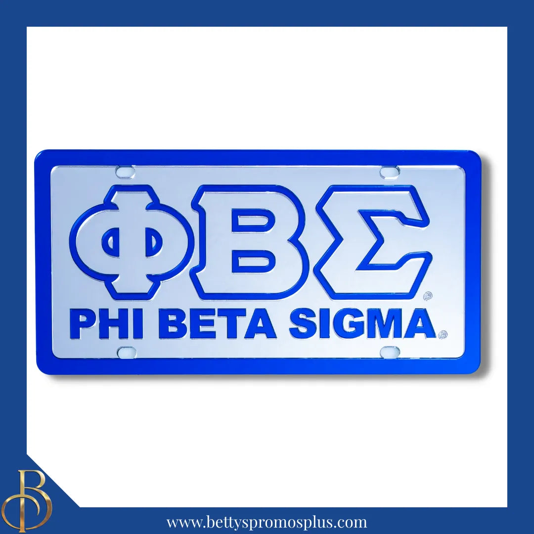 Phi Beta Sigma ΦΒΣ with Phi Beta Sigma Laser Engraved Mirrored Acrylic Auto Tag License Plate-Silver Background-Blue Trim-Phi Beta Sigma Paraphernalia-Phi Beta Sigma Auto Tag-Betty's Promos Plus
