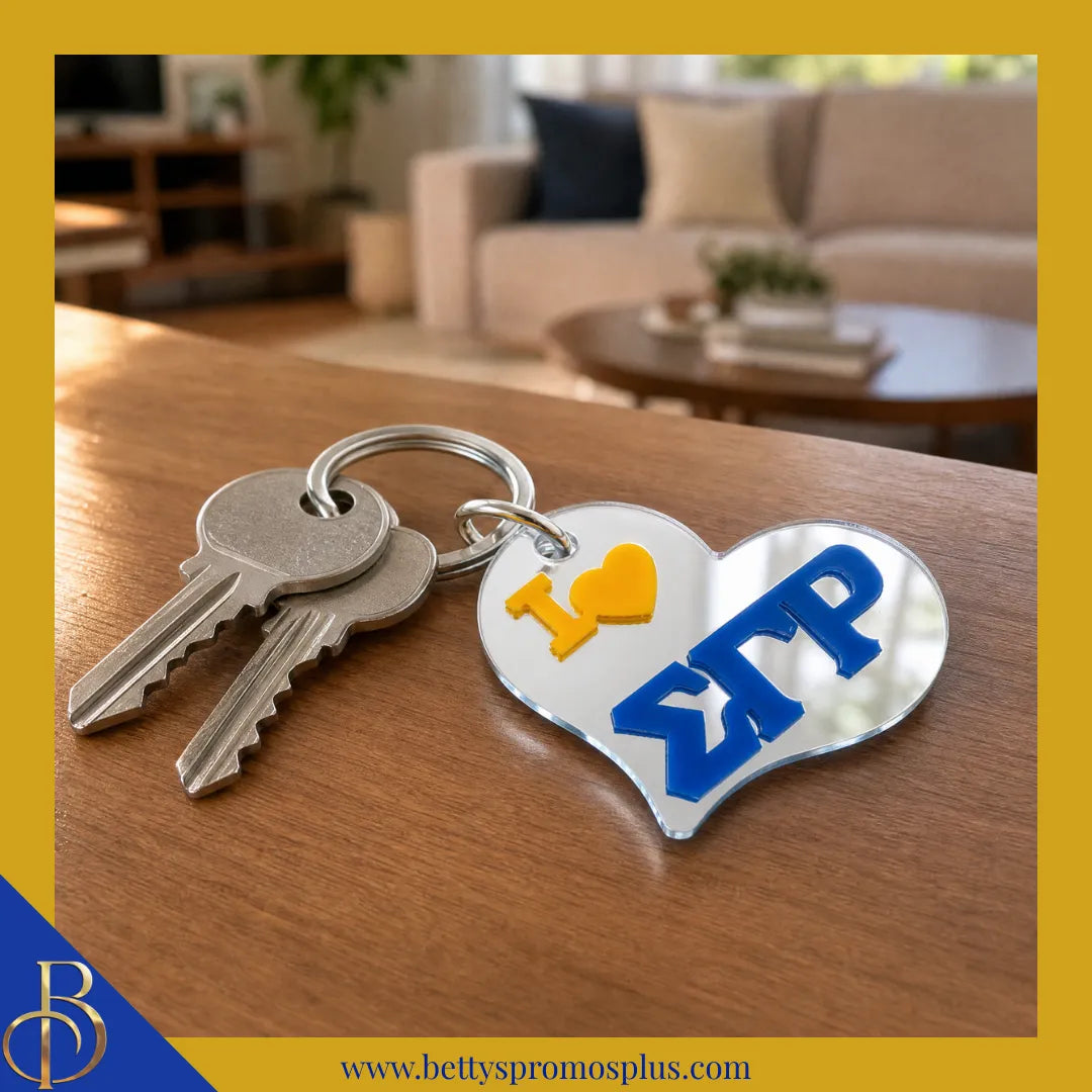 Sigma Gamma Rho I Love ΣΓΡ Heart-Shaped Acrylic Mirror Keychain-Sigma Gamma Rho Paraphernalia-Sigma Gamma Rho Keychain-Betty's Promos Plus