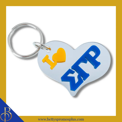 Sigma Gamma Rho I Love ΣΓΡ Heart-Shaped Acrylic Mirror Keychain-Silver-Sigma Gamma Rho Paraphernalia-Sigma Gamma Rho Keychain-Betty's Promos Plus