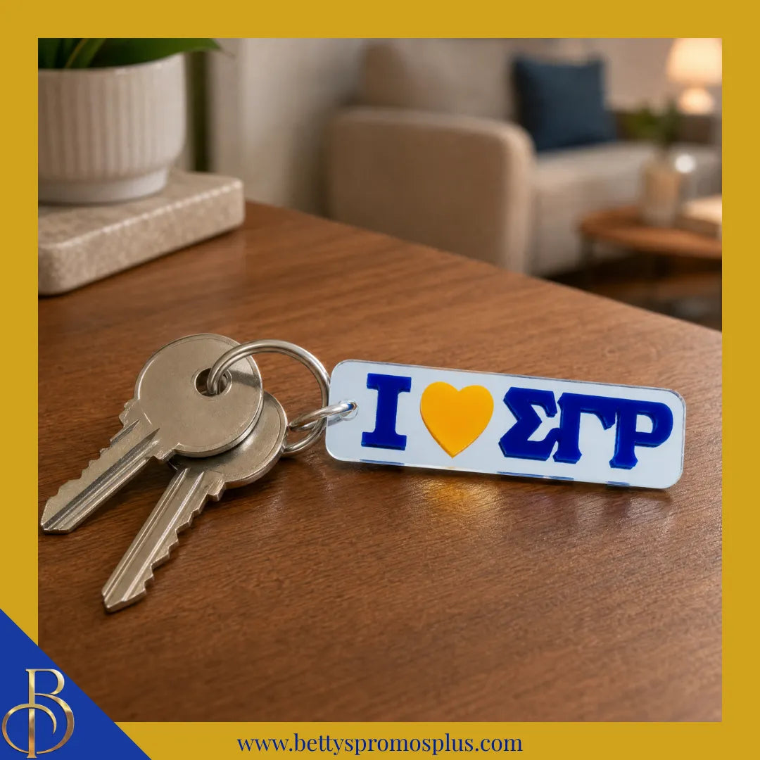 Sigma Gamma Rho I Love ΣΓΡ Rectangular Acrylic Mirrored Keychain-Sigma Gamma Rho Paraphernalia-Sigma Gamma Rho Keychain-Betty's Promos Plus
