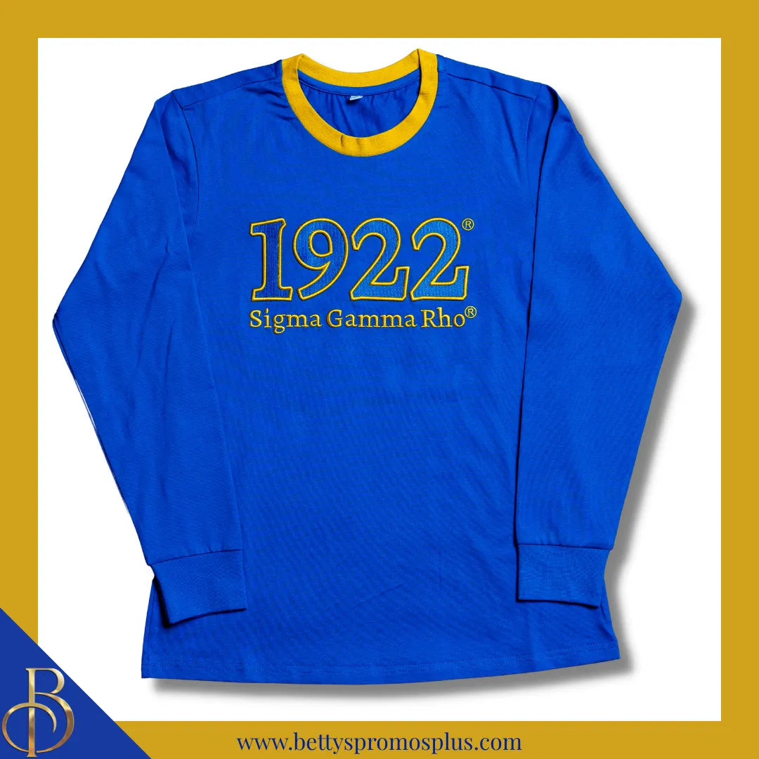 Sigma Gamma Rho ΣΓΡ 1922 Embroidered Long Sleeve T-Shirt-Blue-Small-Sigma Gamma Rho Paraphernalia-Sigma Gamma Rho T-Shirts-Betty's Promos Plus