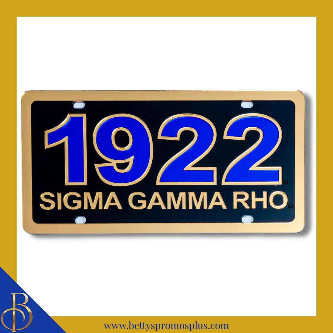 Sigma Gamma Rho ΣΓΡ 1922 with Sigma Gamma Rho Laser Engraved Mirrored Acrylic Auto Tag License Plate-Black Background-Gold Trim-Sigma Gamma Rho Paraphernalia-Sigma Gamma Rho Auto Tag-Betty's Promos Plus