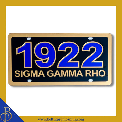 Sigma Gamma Rho ΣΓΡ 1922 with Sigma Gamma Rho Laser Engraved Mirrored Acrylic Auto Tag License Plate-Black Background-Gold Trim-Sigma Gamma Rho Paraphernalia-Sigma Gamma Rho Auto Tag-Betty's Promos Plus