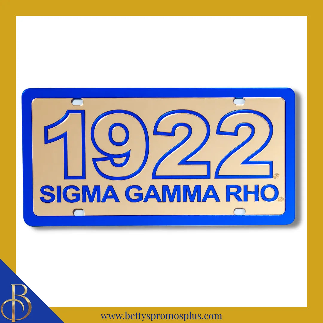 Sigma Gamma Rho ΣΓΡ 1922 with Sigma Gamma Rho Laser Engraved Mirrored Acrylic Auto Tag License Plate-Gold Background-Blue Trim-Sigma Gamma Rho Paraphernalia-Sigma Gamma Rho Auto Tag-Betty's Promos Plus