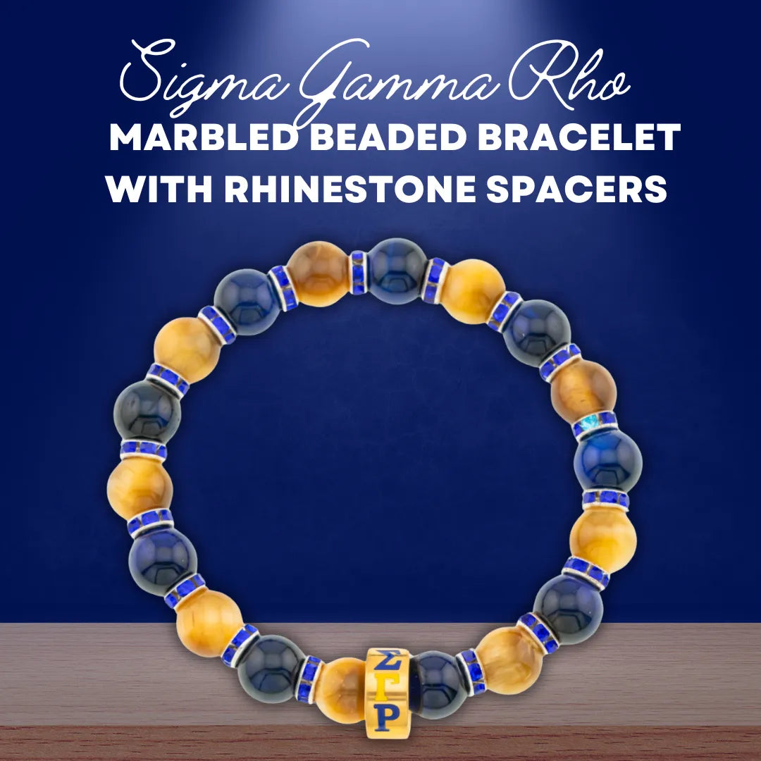 Sigma Gamma Rho ΣΓΡ Blue & Gold Marbled Beaded Bracelet with Rhinestone Spacers-Sigma Gamma Rho Paraphernalia-Sigma Gamma Rho Bracelet-Betty's Promos Plus