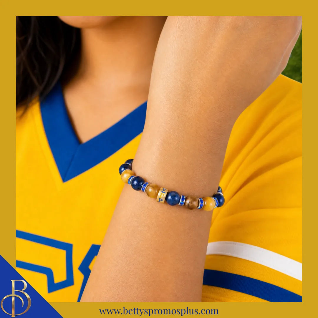 Sigma Gamma Rho ΣΓΡ Blue & Gold Marbled Beaded Bracelet with Rhinestone Spacers-Sigma Gamma Rho Paraphernalia-Sigma Gamma Rho Bracelet-Betty's Promos Plus