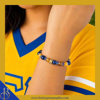 Sigma Gamma Rho ΣΓΡ Blue & Gold Marbled Beaded Bracelet with Rhinestone Spacers-Sigma Gamma Rho Paraphernalia-Sigma Gamma Rho Bracelet-Betty's Promos Plus