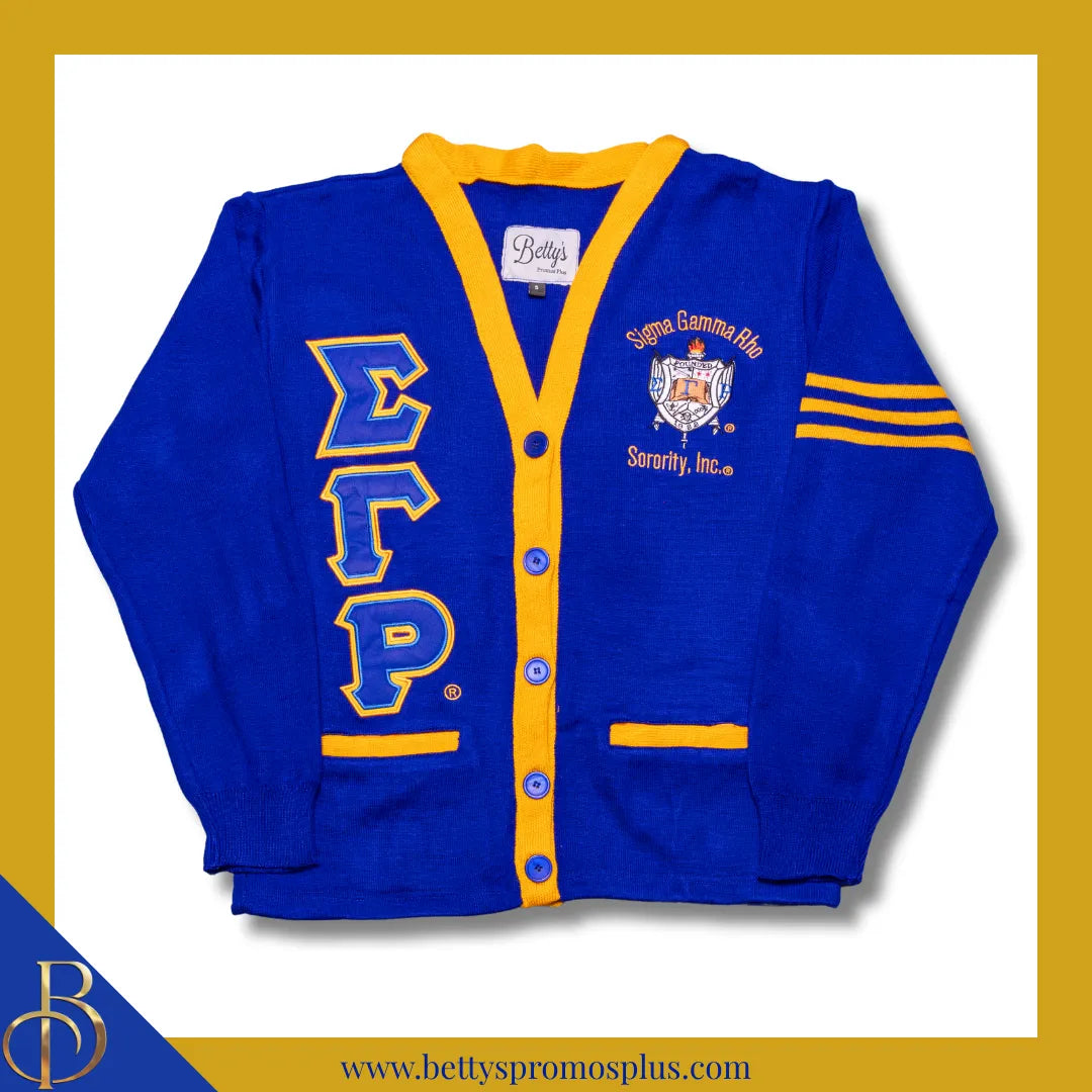 Sigma Gamma Rho ΣΓΡ Cardigan Sweater with Double Stitched Twill Embroidered Letters & ΣΓΡ Shield-Blue-Gold Trim-Small-Sigma Gamma Rho Paraphernalia-Sigma Gamma Rho Sweaters-Betty's Promos Plus