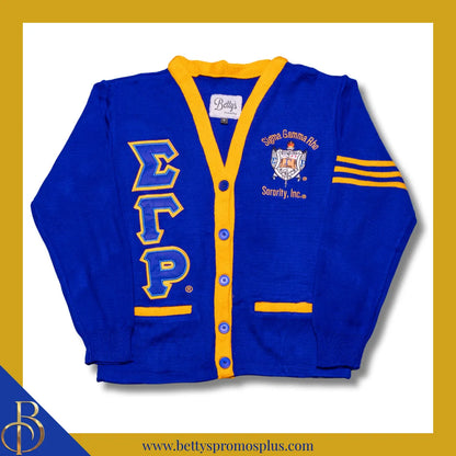 Sigma Gamma Rho ΣΓΡ Cardigan Sweater with Double Stitched Twill Embroidered Letters & ΣΓΡ Shield-Blue-Gold Trim-Small-Sigma Gamma Rho Paraphernalia-Sigma Gamma Rho Sweaters-Betty's Promos Plus