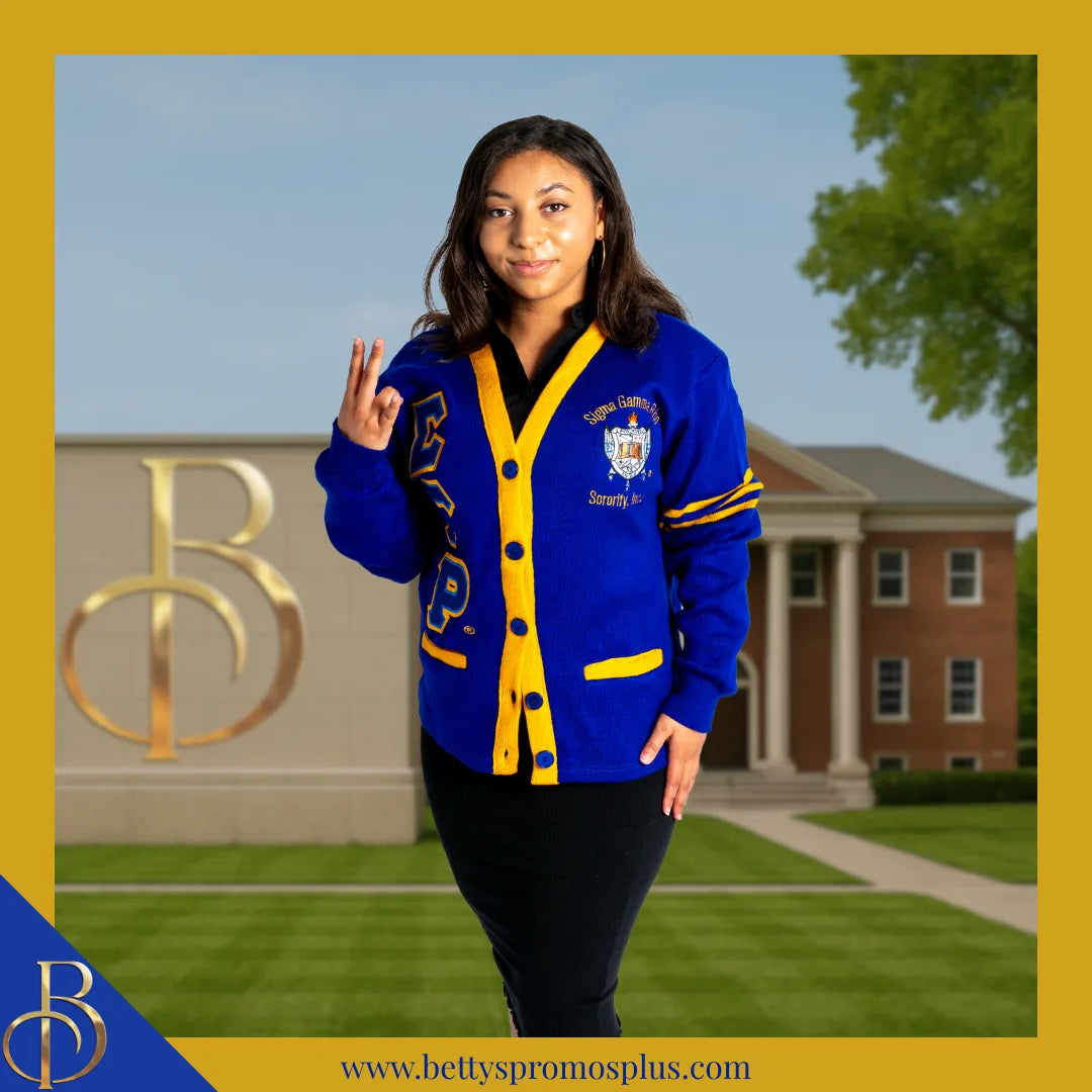 Sigma Gamma Rho ΣΓΡ Cardigan Sweater with Double Stitched Twill Embroidered Letters & ΣΓΡ Shield-Sigma Gamma Rho Paraphernalia-Sigma Gamma Rho Sweaters-Betty's Promos Plus