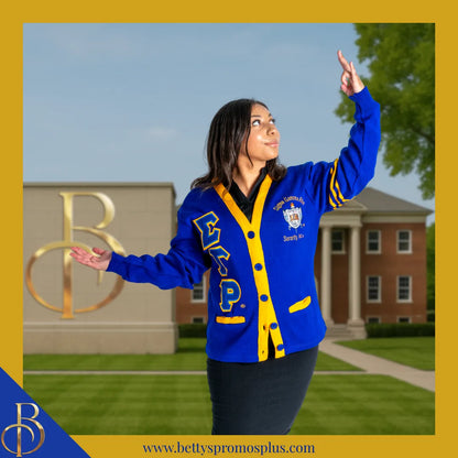 Sigma Gamma Rho ΣΓΡ Cardigan Sweater with Double Stitched Twill Embroidered Letters & ΣΓΡ Shield-Sigma Gamma Rho Paraphernalia-Sigma Gamma Rho Sweaters-Betty's Promos Plus