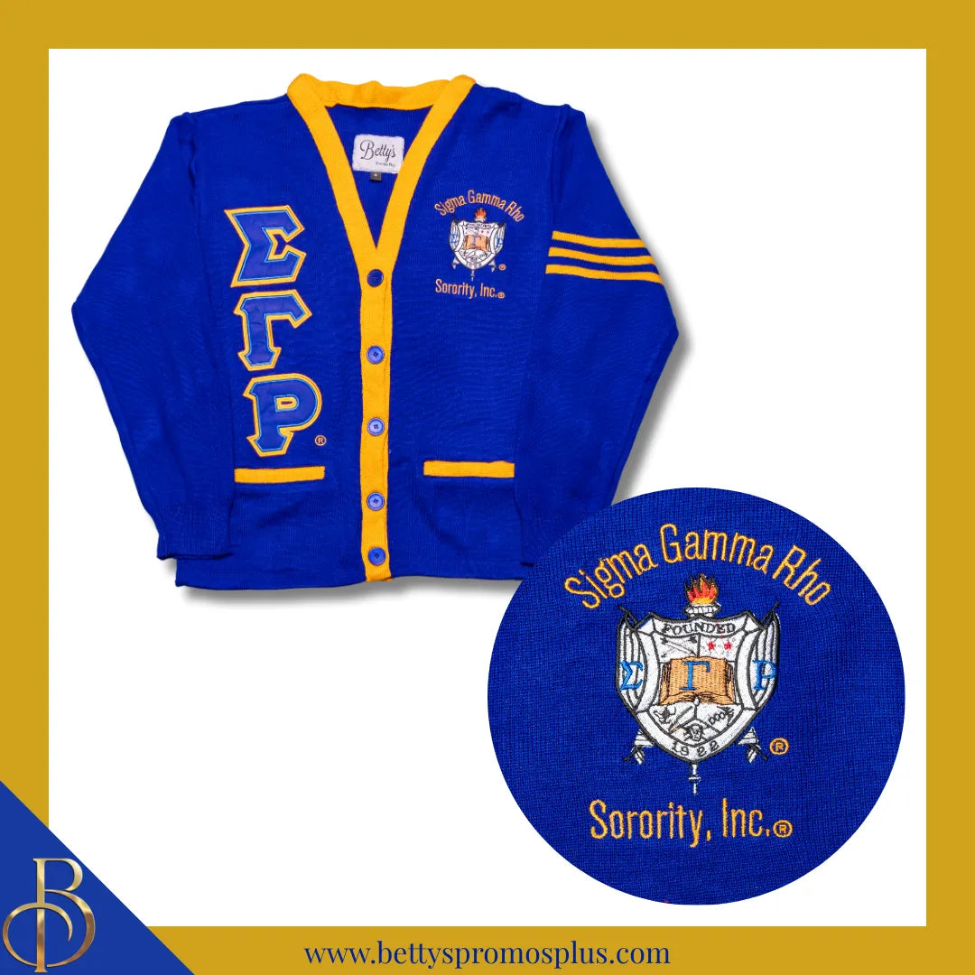 Sigma Gamma Rho ΣΓΡ Cardigan Sweater with Double Stitched Twill Embroidered Letters & ΣΓΡ Shield-Sigma Gamma Rho Paraphernalia-Sigma Gamma Rho Sweaters-Betty's Promos Plus
