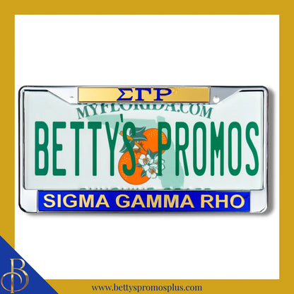 Sigma Gamma Rho ΣΓΡ Chrome Laser Engraved Mirrored Acrylic License Plate Frame-Blue Bottom-Sigma Gamma Rho Paraphernalia-Sigma Gamma Rho Auto Tag Frame-Betty's Promos Plus