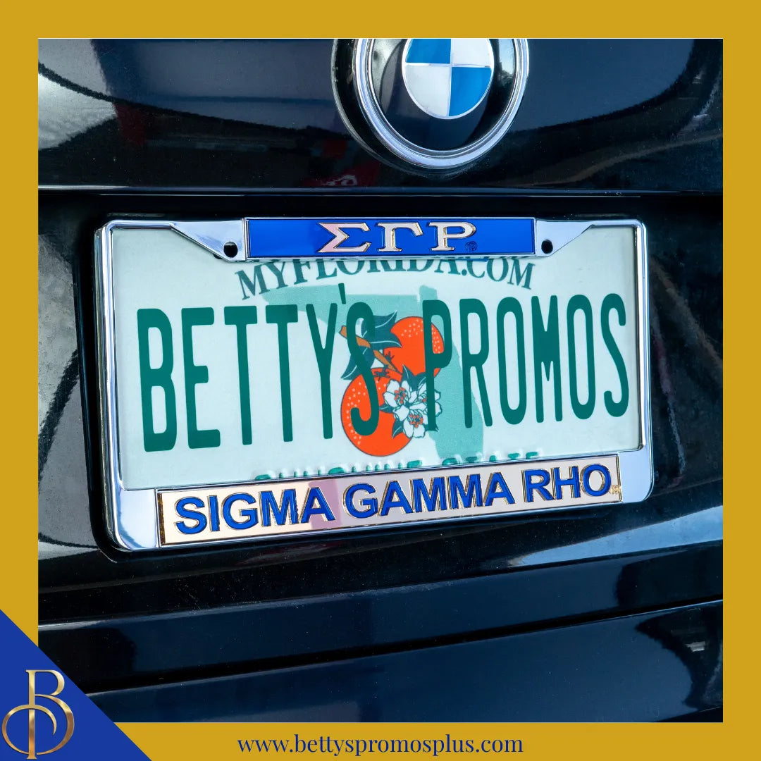 Sigma Gamma Rho ΣΓΡ Chrome Laser Engraved Mirrored Acrylic License Plate Frame-Sigma Gamma Rho Paraphernalia-Sigma Gamma Rho Auto Tag Frame-Betty's Promos Plus