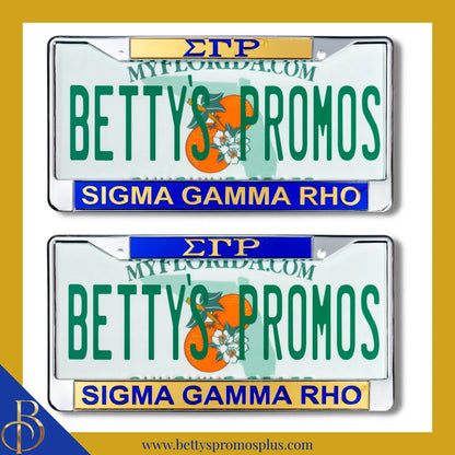 Sigma Gamma Rho ΣΓΡ Chrome Laser Engraved Mirrored Acrylic License Plate Frame-Sigma Gamma Rho Paraphernalia-Sigma Gamma Rho Auto Tag Frame-Betty's Promos Plus