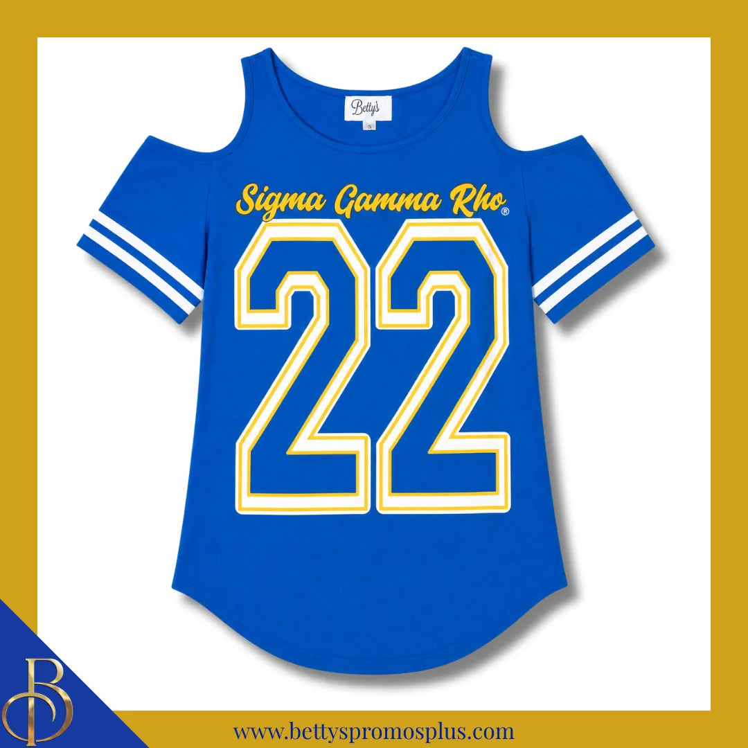 Sigma Gamma Rho ΣΓΡ Cold Shoulder 22 Screen Printed T-Shirt-Blue-Small-Sigma Gamma Rho Paraphernalia-Sigma Gamma Rho T-Shirts-Betty's Promos Plus
