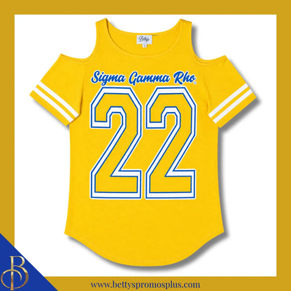 Sigma Gamma Rho ΣΓΡ Cold Shoulder 22 Screen Printed T-Shirt-Gold-Small-Sigma Gamma Rho Paraphernalia-Sigma Gamma Rho T-Shirts-Betty's Promos Plus
