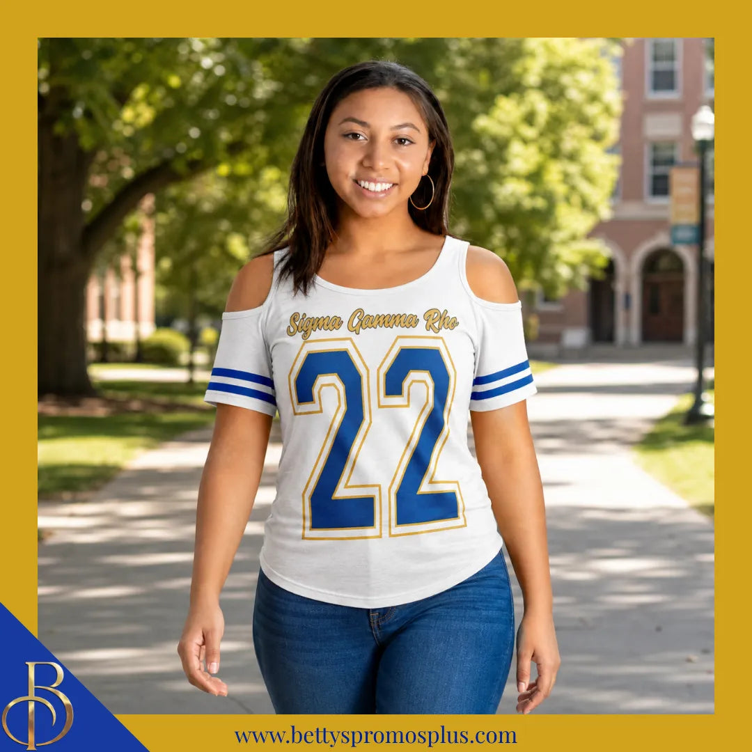 Sigma Gamma Rho ΣΓΡ Cold Shoulder 22 Screen Printed T-Shirt-Sigma Gamma Rho Paraphernalia-Sigma Gamma Rho T-Shirts-Betty's Promos Plus