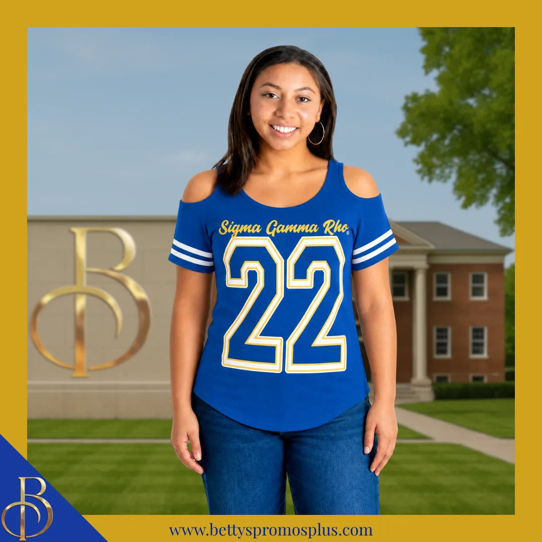Sigma Gamma Rho ΣΓΡ Cold Shoulder 22 Screen Printed T-Shirt-Sigma Gamma Rho Paraphernalia-Sigma Gamma Rho T-Shirts-Betty's Promos Plus