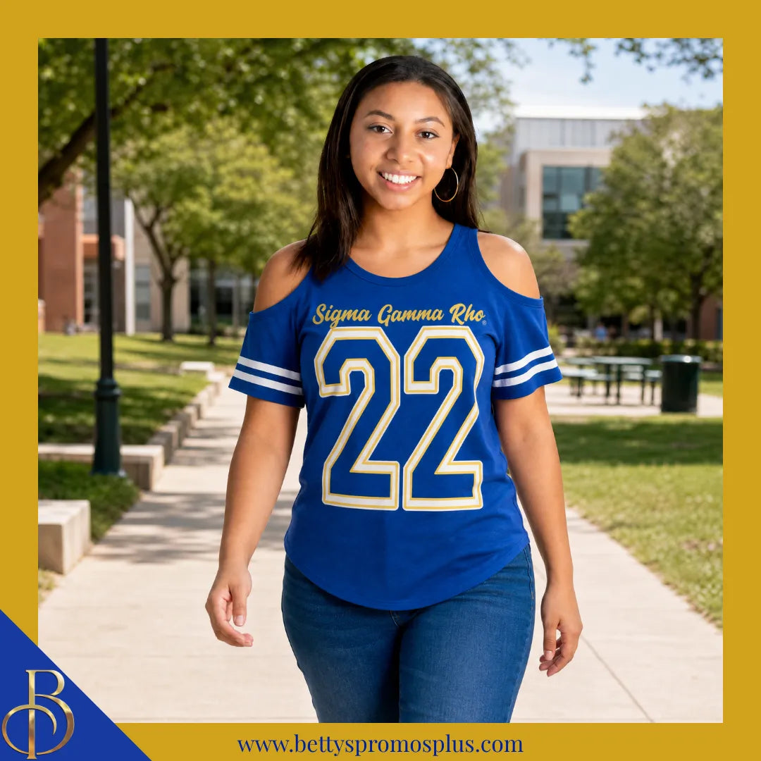 Sigma Gamma Rho ΣΓΡ Cold Shoulder 22 Screen Printed T-Shirt-Sigma Gamma Rho Paraphernalia-Sigma Gamma Rho T-Shirts-Betty's Promos Plus