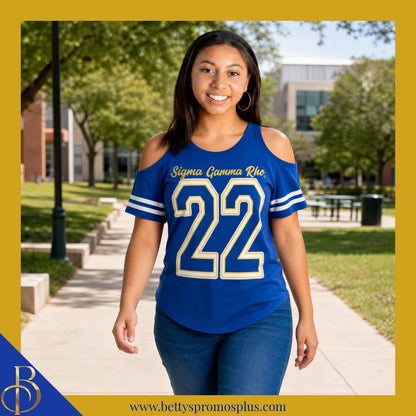 Sigma Gamma Rho ΣΓΡ Cold Shoulder 22 Screen Printed T-Shirt-Sigma Gamma Rho Paraphernalia-Sigma Gamma Rho T-Shirts-Betty's Promos Plus