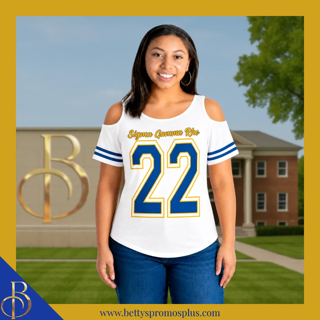 Sigma Gamma Rho ΣΓΡ Cold Shoulder 22 Screen Printed T-Shirt-Sigma Gamma Rho Paraphernalia-Sigma Gamma Rho T-Shirts-Betty's Promos Plus