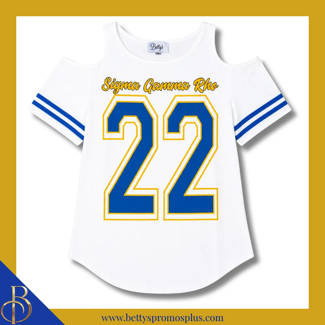 Sigma Gamma Rho ΣΓΡ Cold Shoulder 22 Screen Printed T-Shirt-White-Small-Sigma Gamma Rho Paraphernalia-Sigma Gamma Rho T-Shirts-Betty's Promos Plus