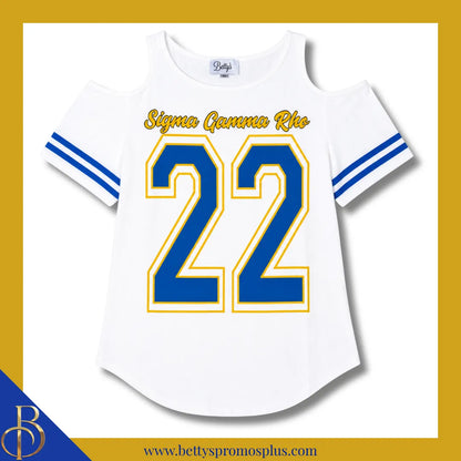 Sigma Gamma Rho ΣΓΡ Cold Shoulder 22 Screen Printed T-Shirt-White-Small-Sigma Gamma Rho Paraphernalia-Sigma Gamma Rho T-Shirts-Betty's Promos Plus