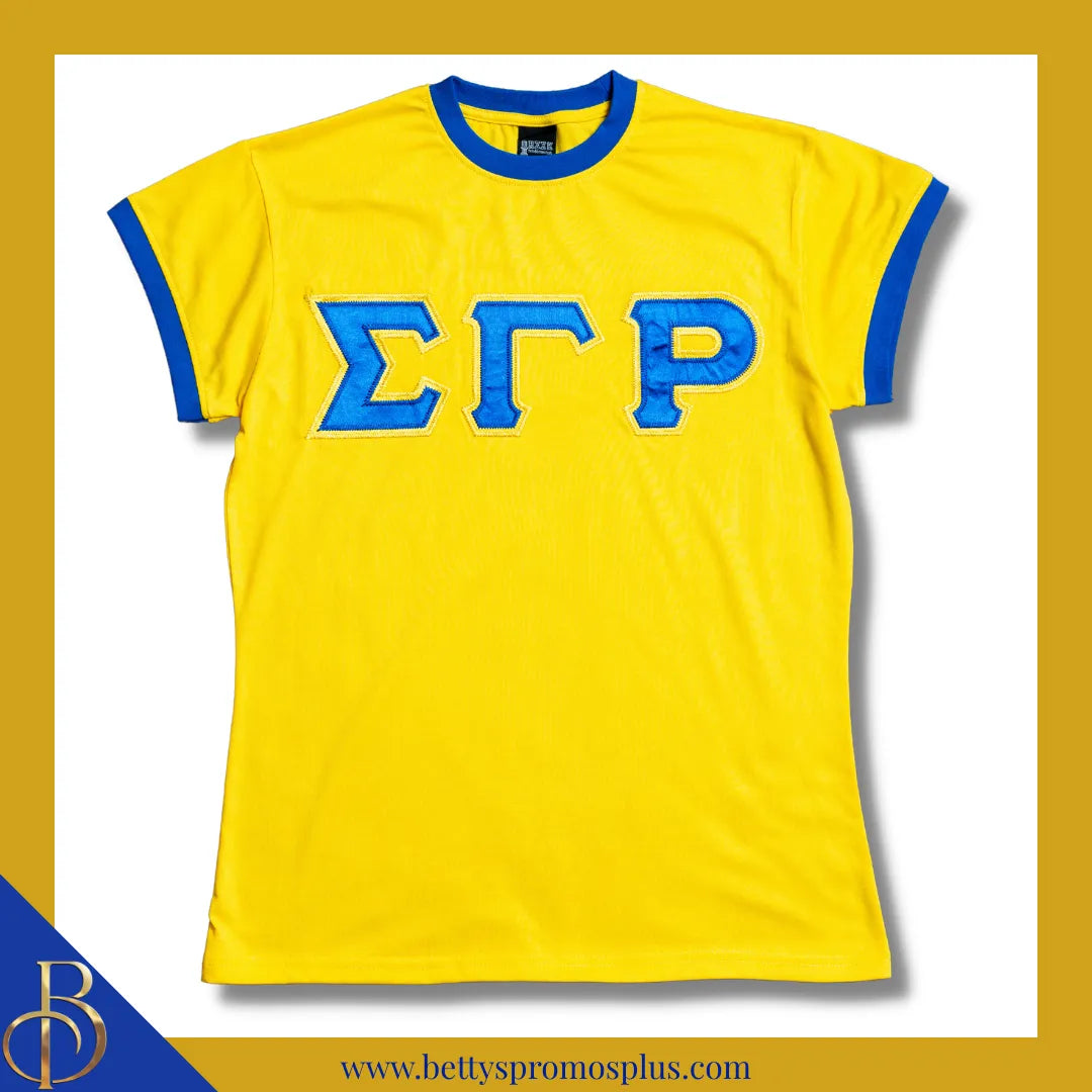 Sigma Gamma Rho ΣΓΡ Embroidered Ringer T-Shirt-Gold-Small-Sigma Gamma Rho Paraphernalia-Sigma Gamma Rho T-Shirts-Betty's Promos Plus