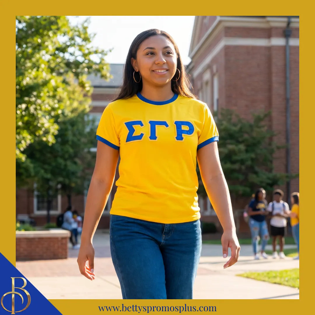 Sigma Gamma Rho ΣΓΡ Embroidered Ringer T-Shirt-Sigma Gamma Rho Paraphernalia-Sigma Gamma Rho T-Shirts-Betty's Promos Plus