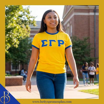 Sigma Gamma Rho ΣΓΡ Embroidered Ringer T-Shirt-Sigma Gamma Rho Paraphernalia-Sigma Gamma Rho T-Shirts-Betty's Promos Plus