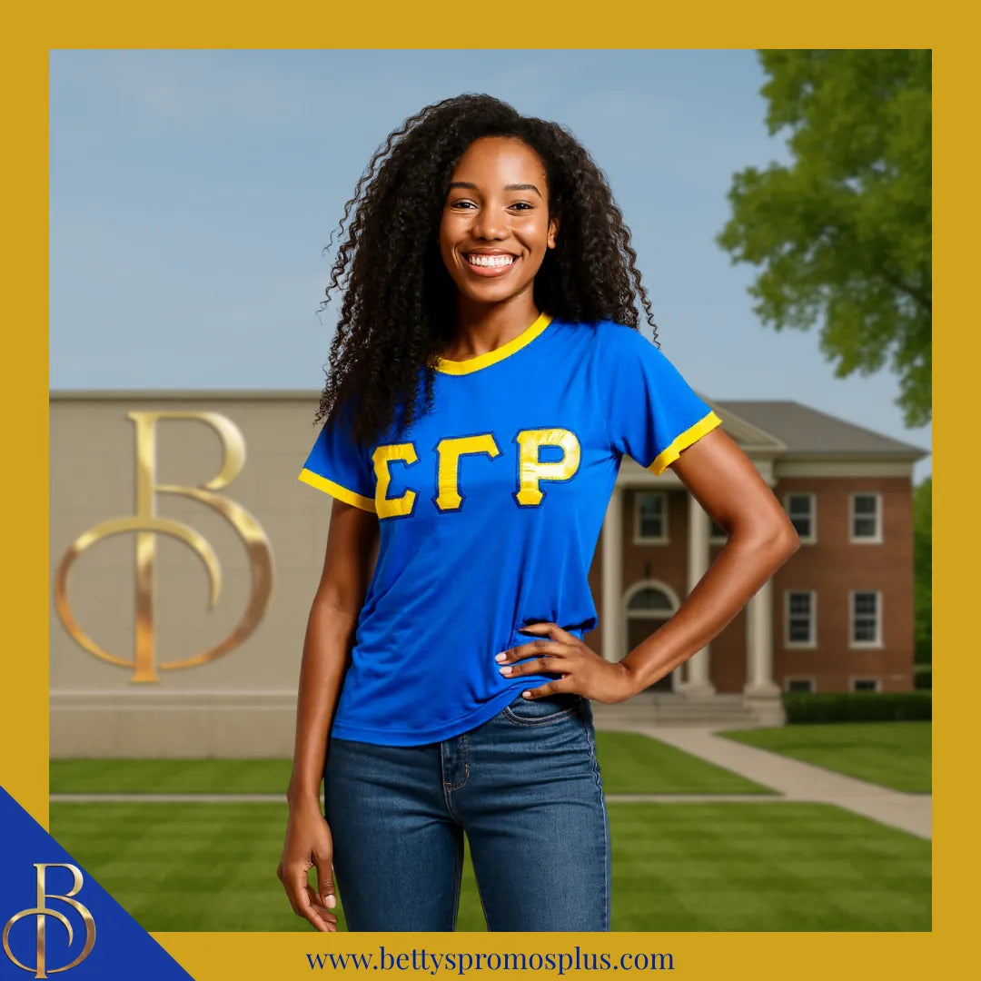 Sigma Gamma Rho ΣΓΡ Embroidered Ringer T-Shirt-Sigma Gamma Rho Paraphernalia-Sigma Gamma Rho T-Shirts-Betty's Promos Plus