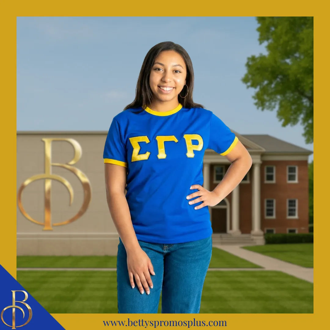 Sigma Gamma Rho ΣΓΡ Embroidered Ringer T-Shirt-Sigma Gamma Rho Paraphernalia-Sigma Gamma Rho T-Shirts-Betty's Promos Plus