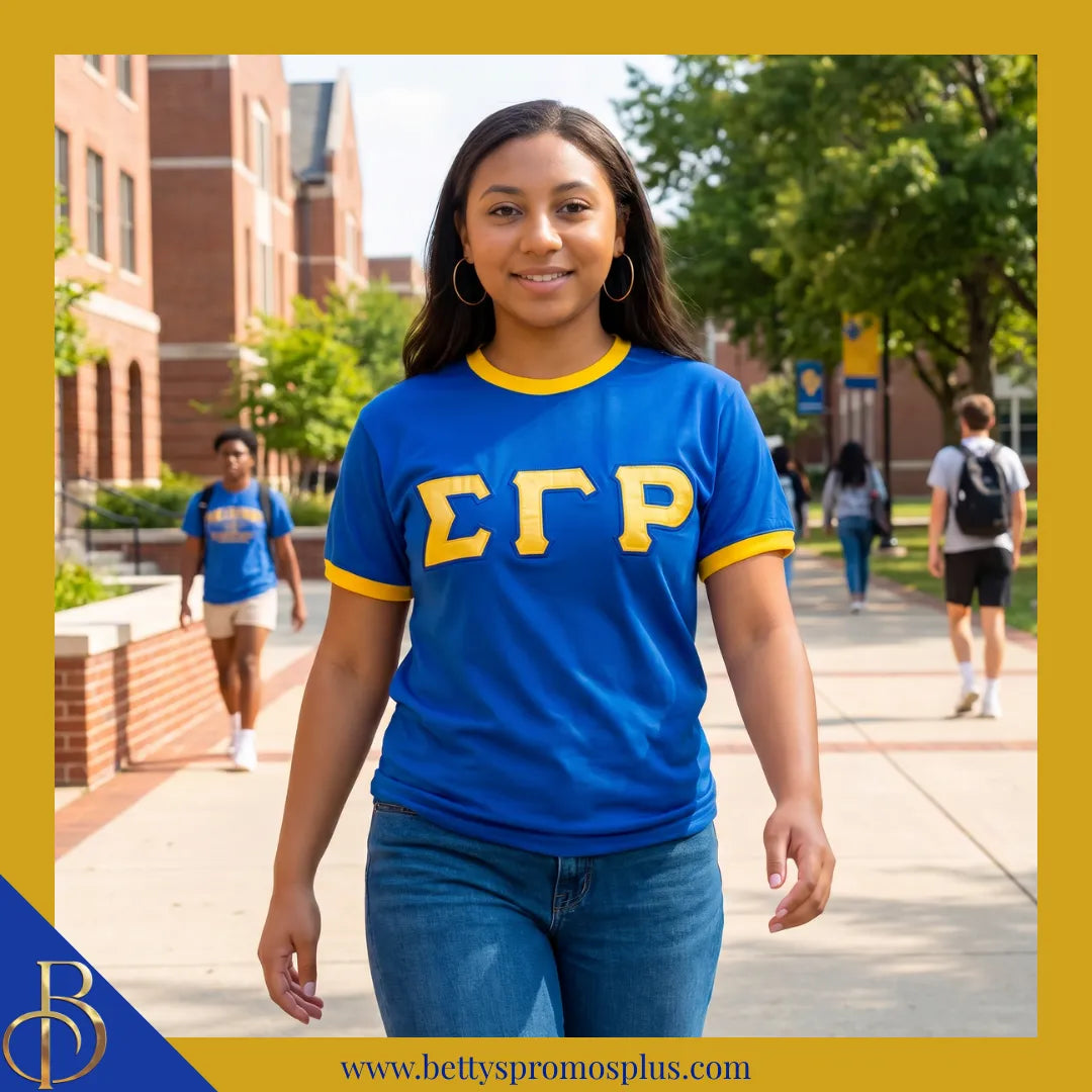 Sigma Gamma Rho ΣΓΡ Embroidered Ringer T-Shirt-Sigma Gamma Rho Paraphernalia-Sigma Gamma Rho T-Shirts-Betty's Promos Plus