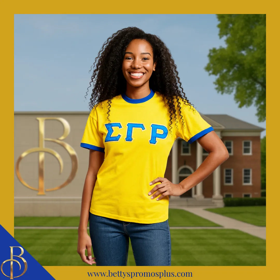Sigma Gamma Rho ΣΓΡ Embroidered Ringer T-Shirt-Sigma Gamma Rho Paraphernalia-Sigma Gamma Rho T-Shirts-Betty's Promos Plus