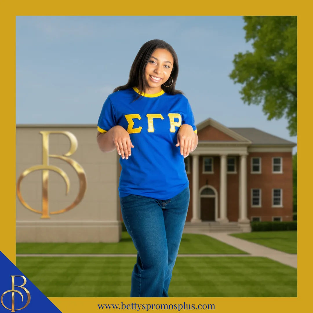 Sigma Gamma Rho ΣΓΡ Embroidered Ringer T-Shirt-Sigma Gamma Rho Paraphernalia-Sigma Gamma Rho T-Shirts-Betty's Promos Plus