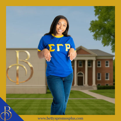 Sigma Gamma Rho ΣΓΡ Embroidered Ringer T-Shirt-Sigma Gamma Rho Paraphernalia-Sigma Gamma Rho T-Shirts-Betty's Promos Plus