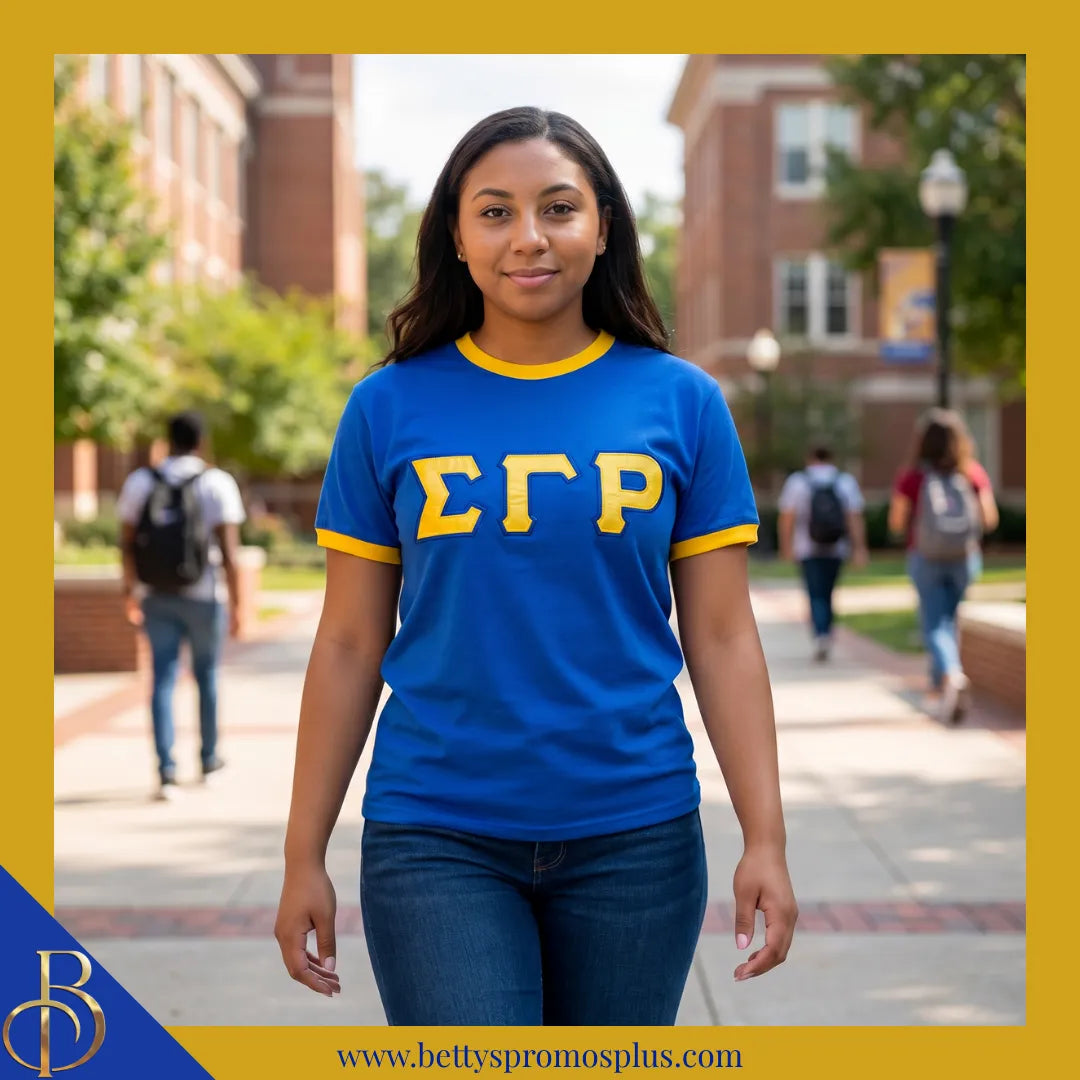 Sigma Gamma Rho ΣΓΡ Embroidered Ringer T-Shirt-Sigma Gamma Rho Paraphernalia-Sigma Gamma Rho T-Shirts-Betty's Promos Plus