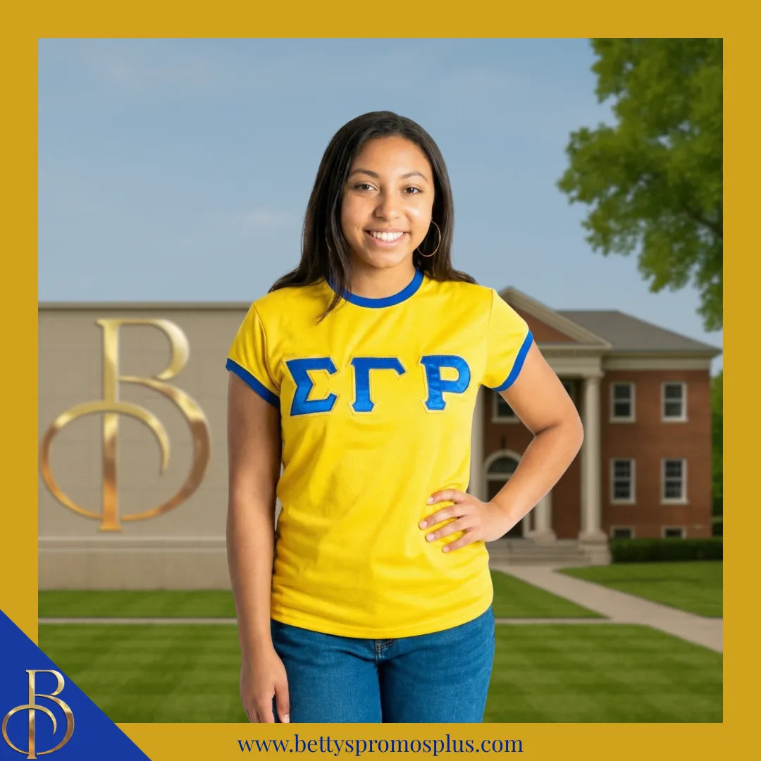 Sigma Gamma Rho ΣΓΡ Embroidered Ringer T-Shirt-Sigma Gamma Rho Paraphernalia-Sigma Gamma Rho T-Shirts-Betty's Promos Plus