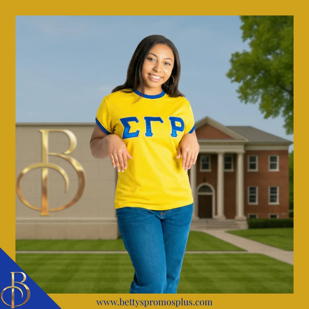 Sigma Gamma Rho ΣΓΡ Embroidered Ringer T-Shirt-Sigma Gamma Rho Paraphernalia-Sigma Gamma Rho T-Shirts-Betty's Promos Plus
