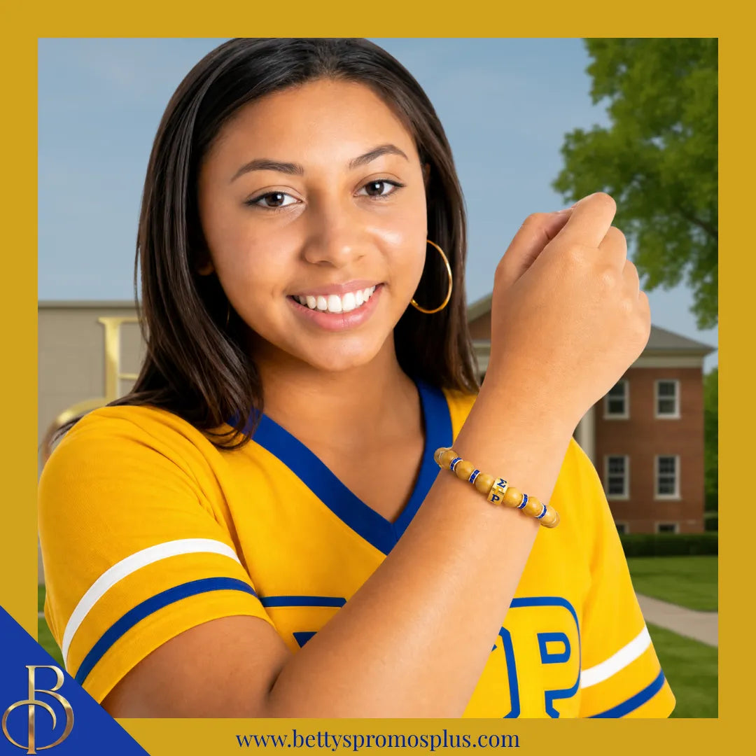 Sigma Gamma Rho ΣΓΡ Gold Marbled Beaded Bracelet with Rhinestone Spacers-Sigma Gamma Rho Paraphernalia-Sigma Gamma Rho Bracelet-Betty's Promos Plus