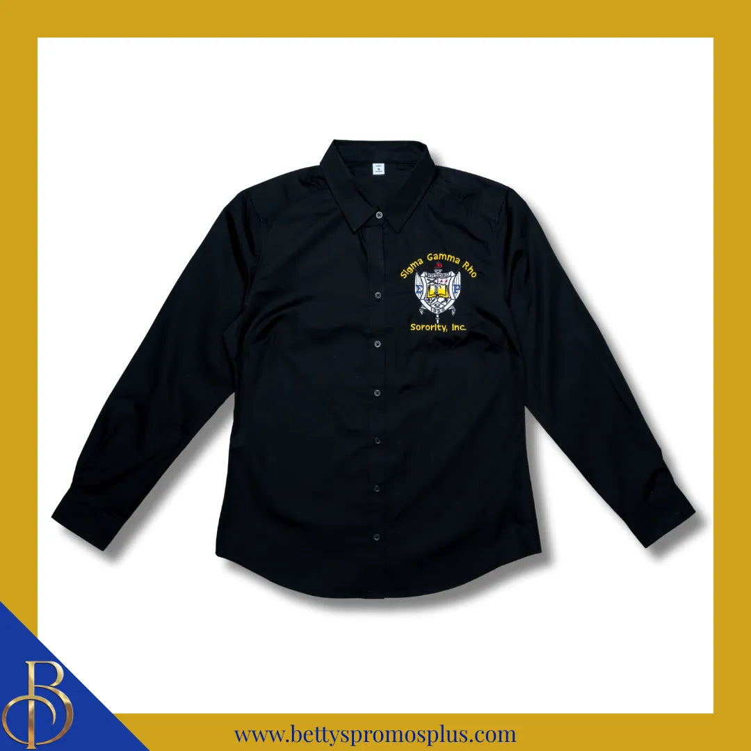 Sigma Gamma Rho ΣΓΡ Long Sleeve Button-Up Poplin Shirt with Embroidered Shield-Black-X-Small-Sigma Gamma Rho Paraphernalia-Sigma Gamma Rho Button-Up Shirts-Betty's Promos Plus