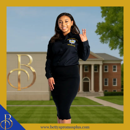 Sigma Gamma Rho ΣΓΡ Long Sleeve Button-Up Poplin Shirt with Embroidered Shield-Sigma Gamma Rho Paraphernalia-Sigma Gamma Rho Button-Up Shirts-Betty's Promos Plus