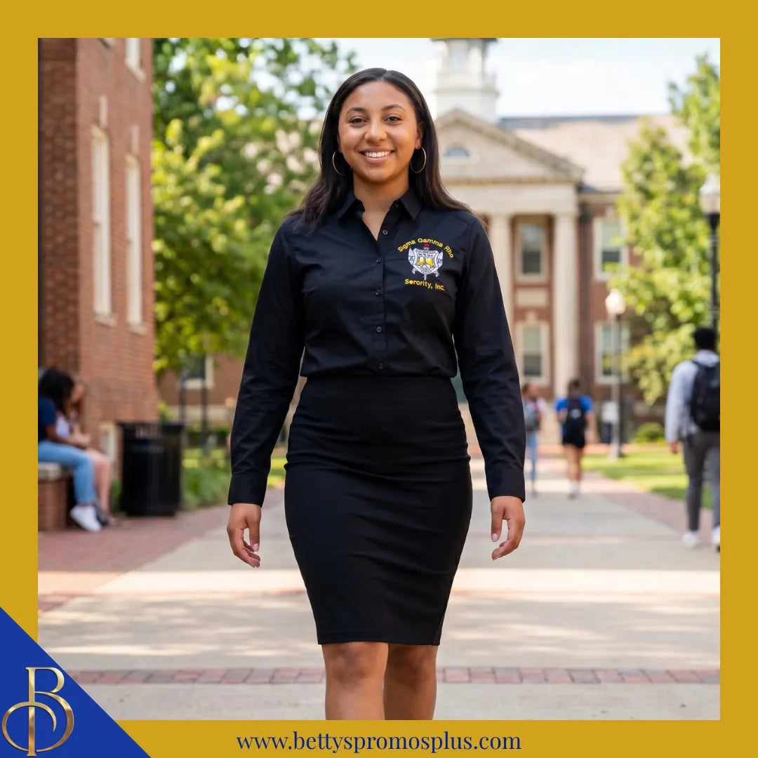 Sigma Gamma Rho ΣΓΡ Long Sleeve Button-Up Poplin Shirt with Embroidered Shield-Sigma Gamma Rho Paraphernalia-Sigma Gamma Rho Button-Up Shirts-Betty's Promos Plus