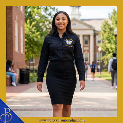 Sigma Gamma Rho ΣΓΡ Long Sleeve Button-Up Poplin Shirt with Embroidered Shield-Sigma Gamma Rho Paraphernalia-Sigma Gamma Rho Button-Up Shirts-Betty's Promos Plus